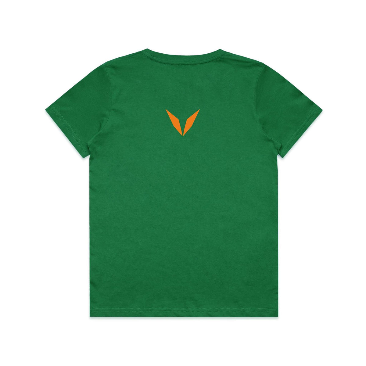 Back of Voltare Kelly Green Wedge-tailed Eagle Tiny Explorers kids T-shirt with an orange Voltare V on the upper back.