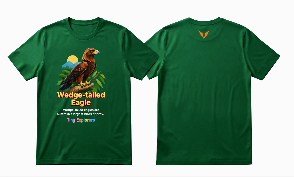 Combined front and back preview of Voltare Kelly Green Wedge-tailed Eagle Tiny Explorers kids T-shirt with eagle artwork and an orange Voltare V.