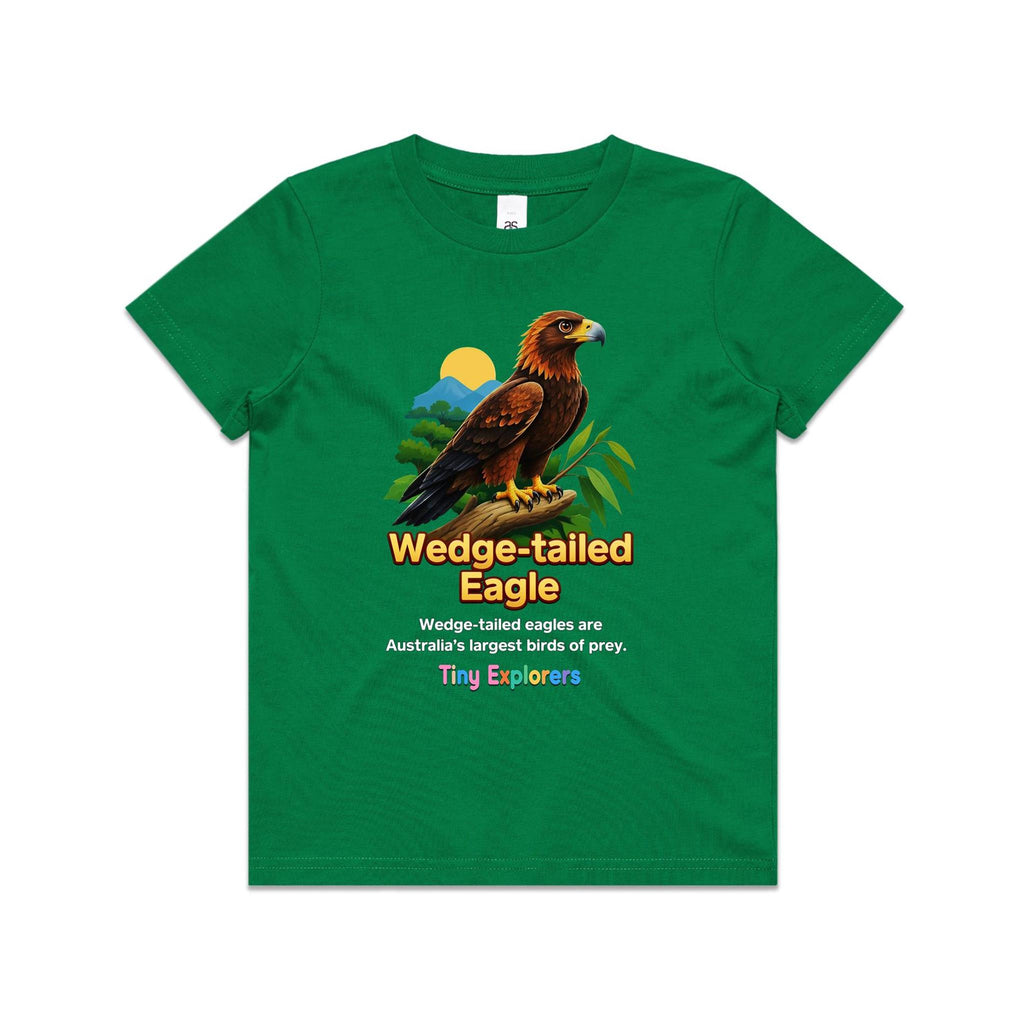 Front of Voltare Kelly Green Wedge-tailed Eagle Tiny Explorers kids T-shirt with eagle artwork, mountains, sun and a wildlife fact panel.