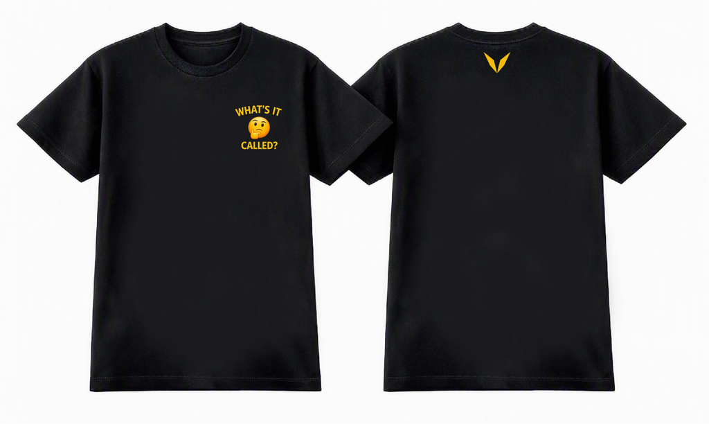Front and back of the Black Voltare What's It Called? kids tee with a yellow thinking emoji chest graphic and matching back V