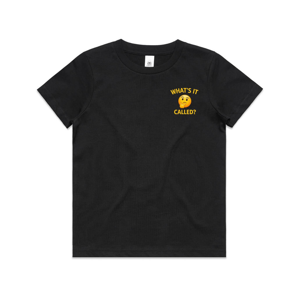 Front of the Black Voltare What's It Called? kids tee with a yellow thinking emoji and matching lettering on the left chest