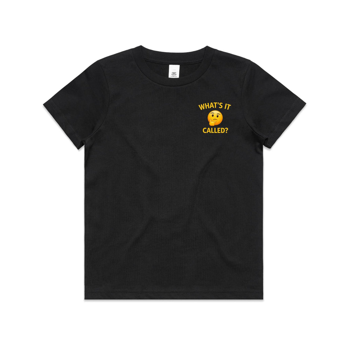 Front of the Black Voltare What's It Called? kids tee with a yellow thinking emoji and matching lettering on the left chest