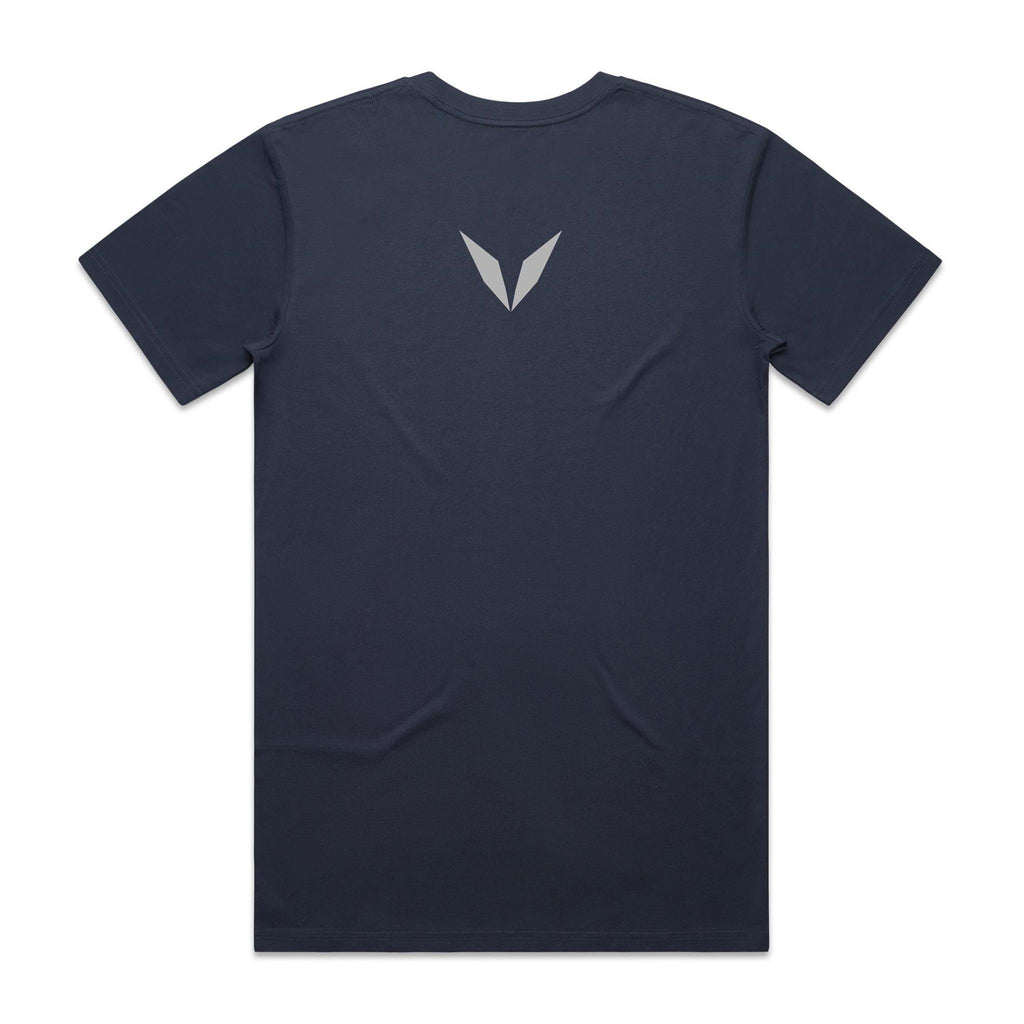 Back of the midnight blue Voltare White-bellied Sea-Eagle Sky Hunters T-shirt with a small light-grey Voltare V logo at the upper back.