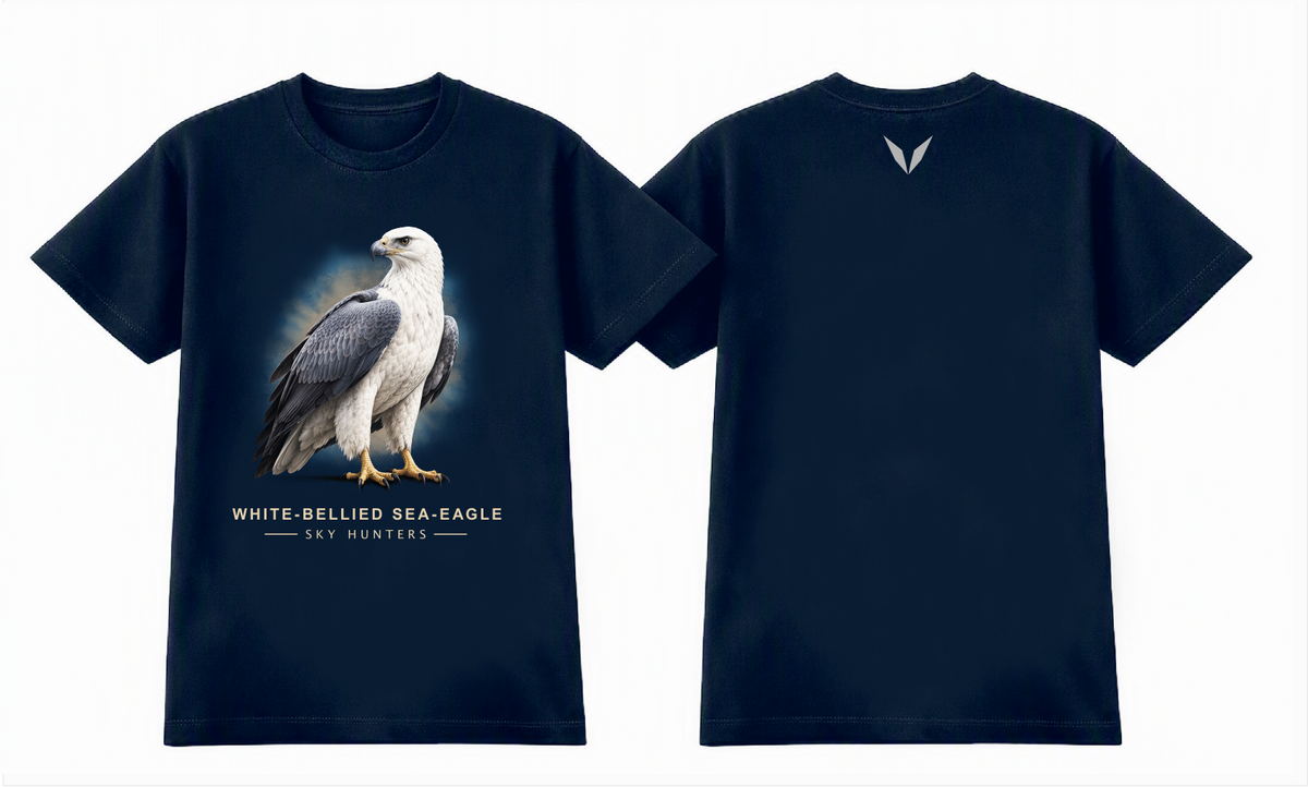Front and back preview of the midnight blue Voltare White-bellied Sea-Eagle Sky Hunters T-shirt, with sea-eagle artwork on the front and a light-grey Voltare V on the back.