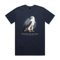 Front of the midnight blue Voltare White-bellied Sea-Eagle Sky Hunters T-shirt with an illustrated bird featuring a white head and chest and slate-grey wings against a blue-and-sand backdrop.