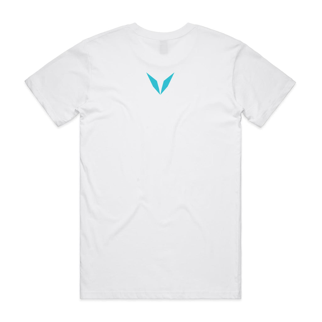 Back of Voltare White Whitehaven Beach T-shirt with a turquoise Voltare V on the upper back.