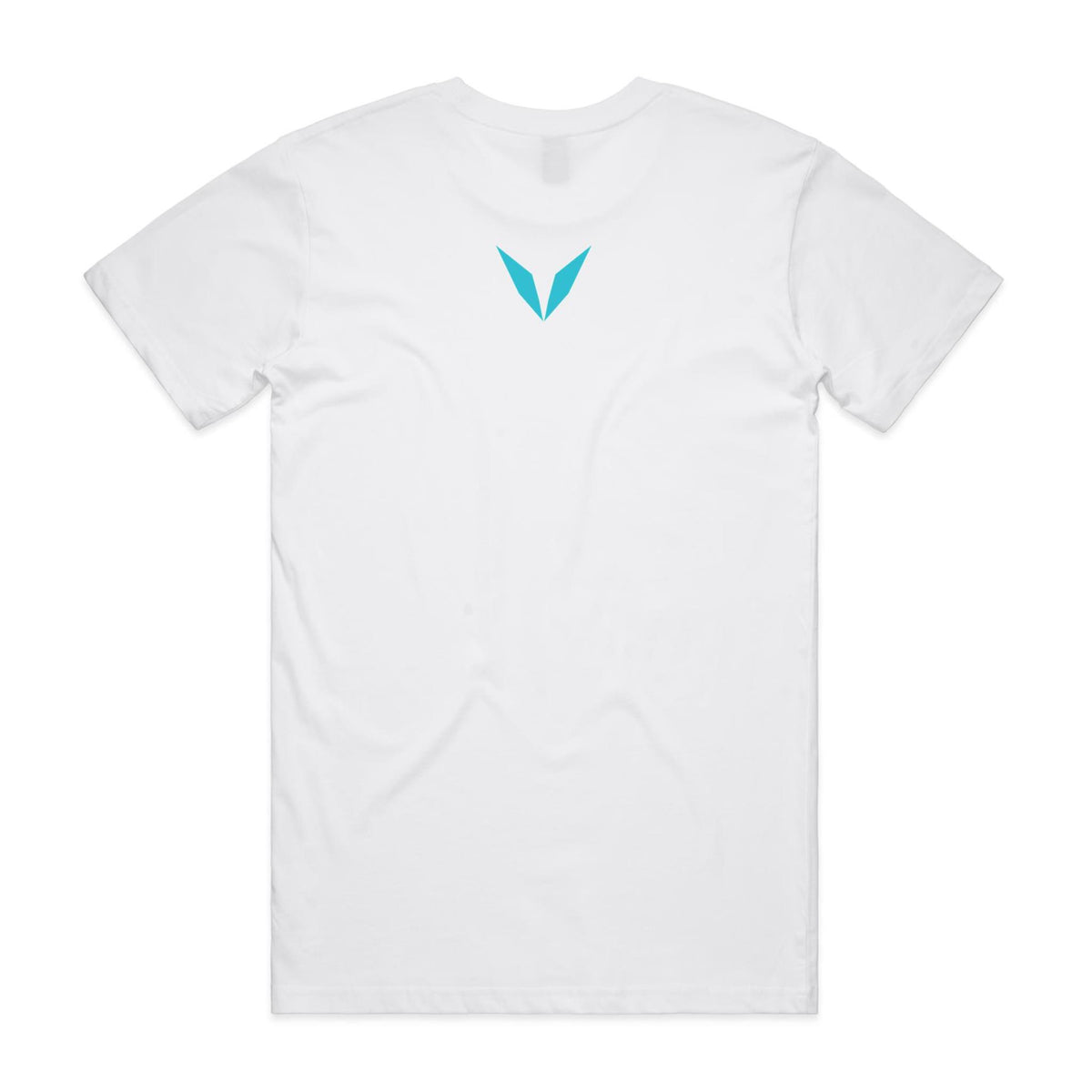 Back of Voltare White Whitehaven Beach T-shirt with a turquoise Voltare V on the upper back.