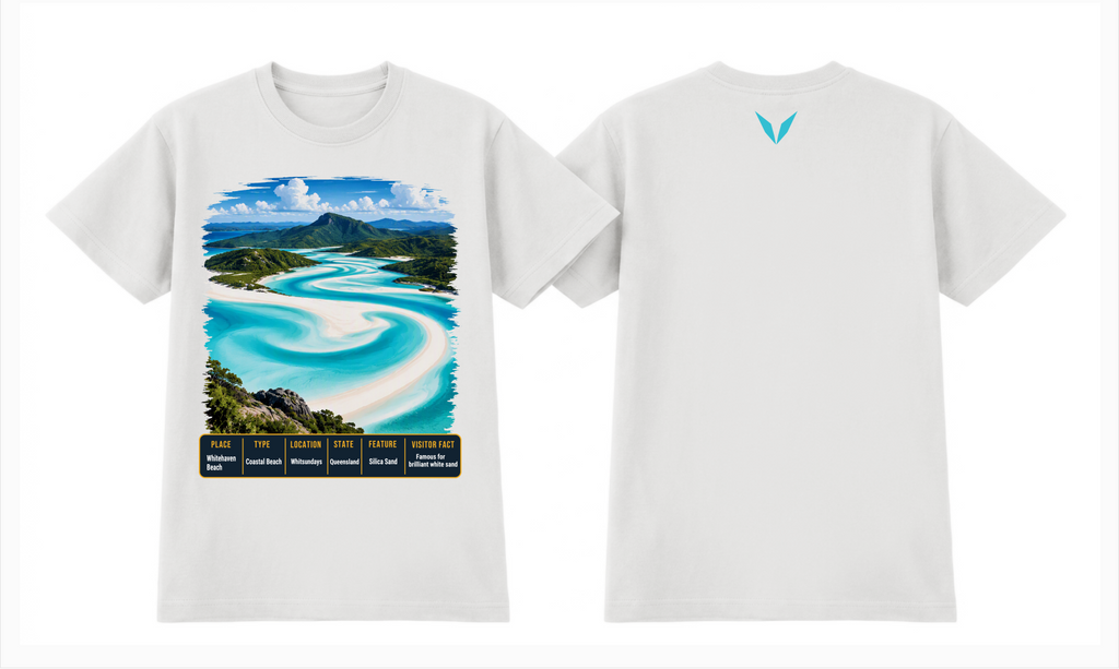 Combined front and back preview of Voltare White Whitehaven Beach T-shirt with swirling sand artwork, a fact panel and turquoise Voltare V.