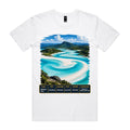Front of Voltare White Whitehaven Beach T-shirt featuring turquoise water, swirling white sand and a Queensland fact panel
