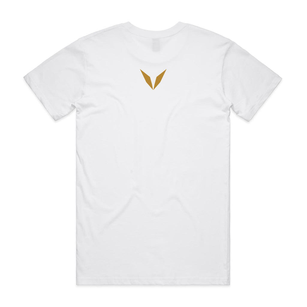 Back of the White Voltare Whiting Sand Runner Fishing tee with a golden Voltare V high on the back