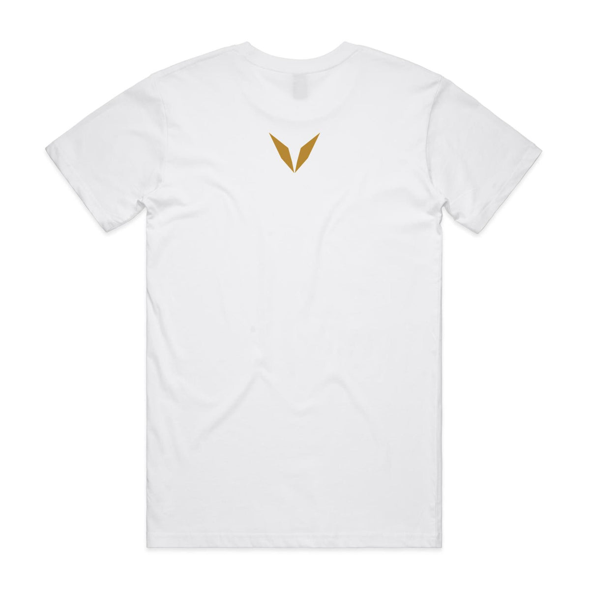 Back of the White Voltare Whiting Sand Runner Fishing tee with a golden Voltare V high on the back