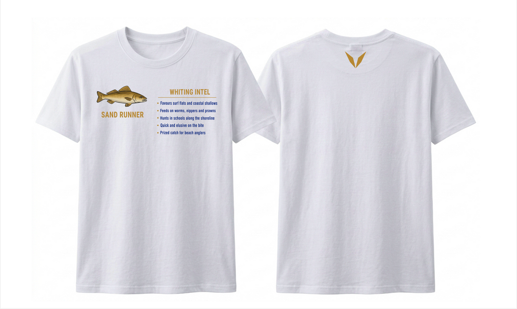 Front and back preview of the White Voltare Whiting Sand Runner Fishing tee with coloured whiting artwork, a fishing fact panel and a golden back V