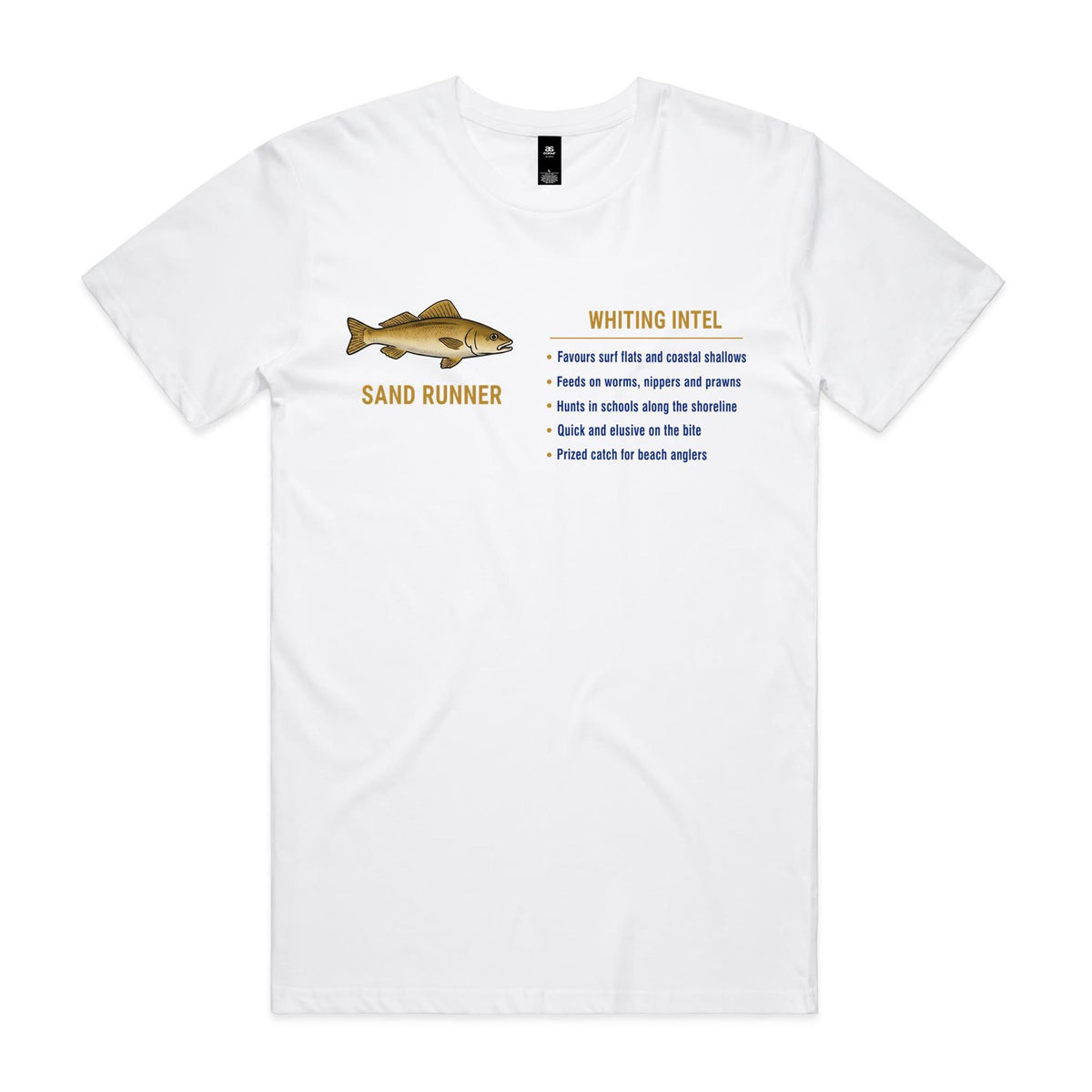 White Voltare Whiting Sand Runner fishing tee featuring a coloured whiting illustration, Sand Runner lettering and a Whiting Intel fishing fact panel