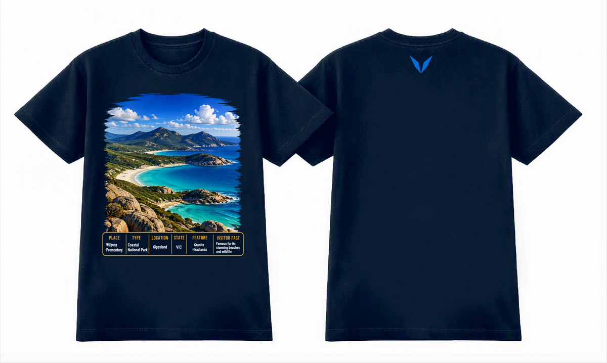 Combined front and back preview of Voltare Midnight Blue Wilsons Promontory T-shirt with coastal artwork, a fact panel and blue Voltare V.