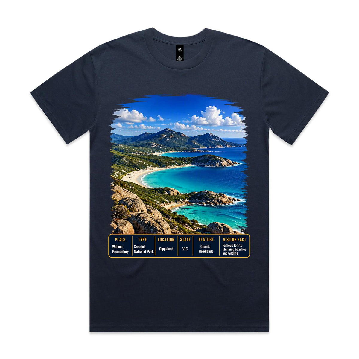 Front of Voltare Midnight Blue Wilsons Promontory T-shirt featuring turquoise bays, granite headlands and a Victoria fact panel.