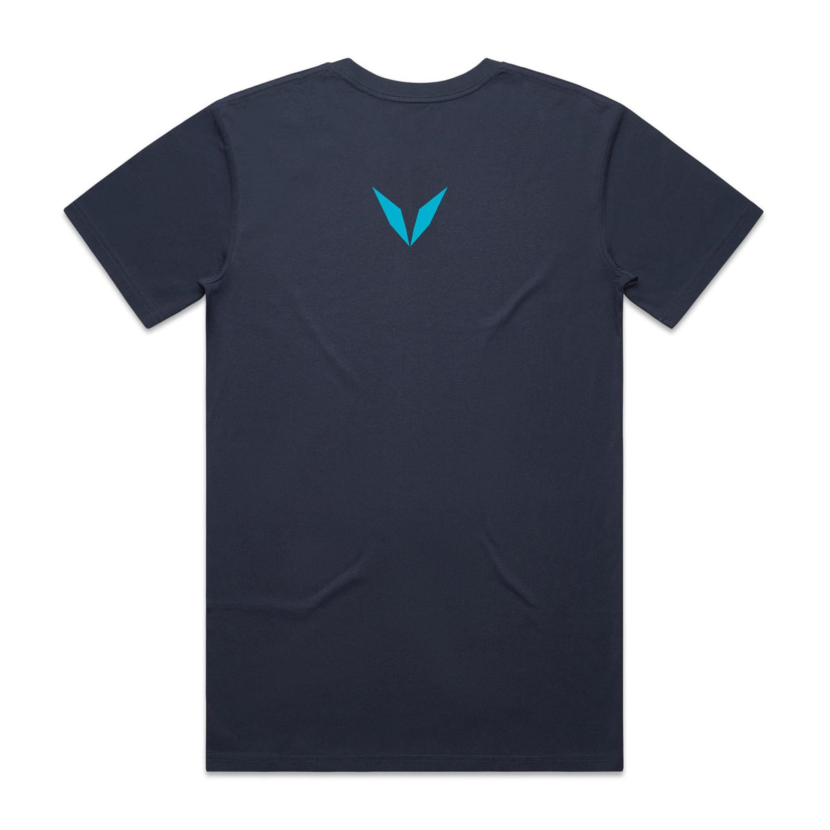 Back of Voltare Midnight Blue Wineglass Bay T-shirt with a turquoise Voltare V on the upper back.