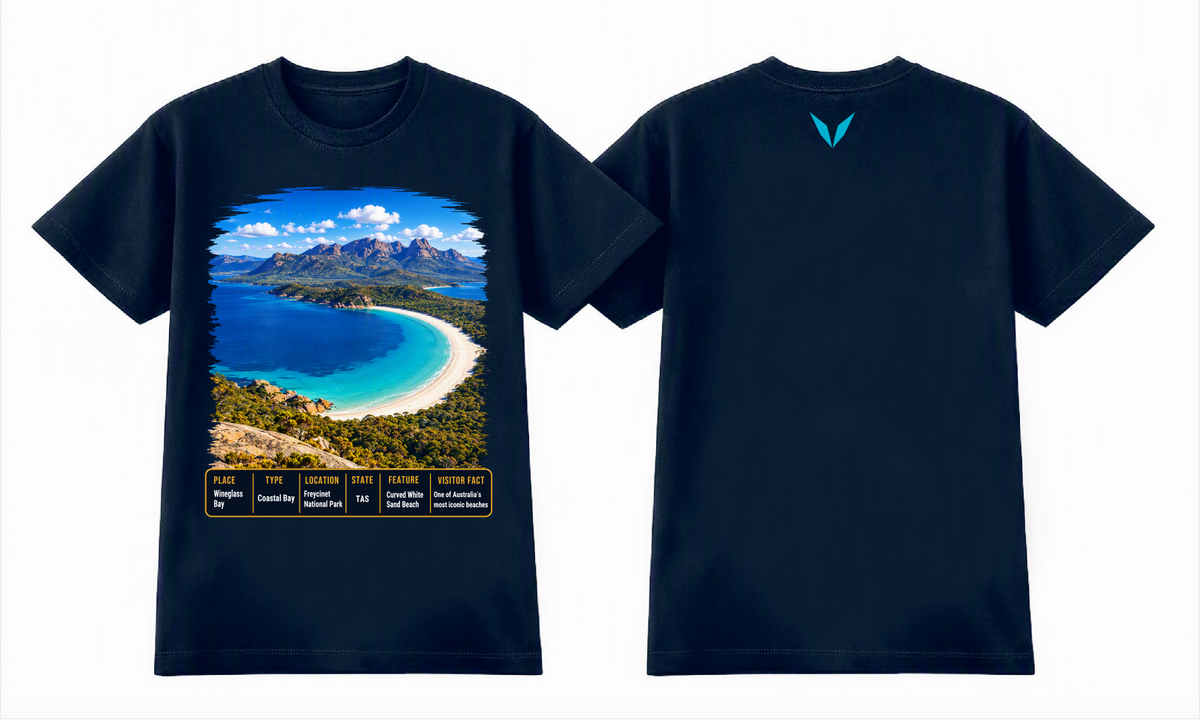 Combined front and back preview of Voltare Midnight Blue Wineglass Bay T-shirt with coastal artwork, a fact panel and turquoise Voltare V.