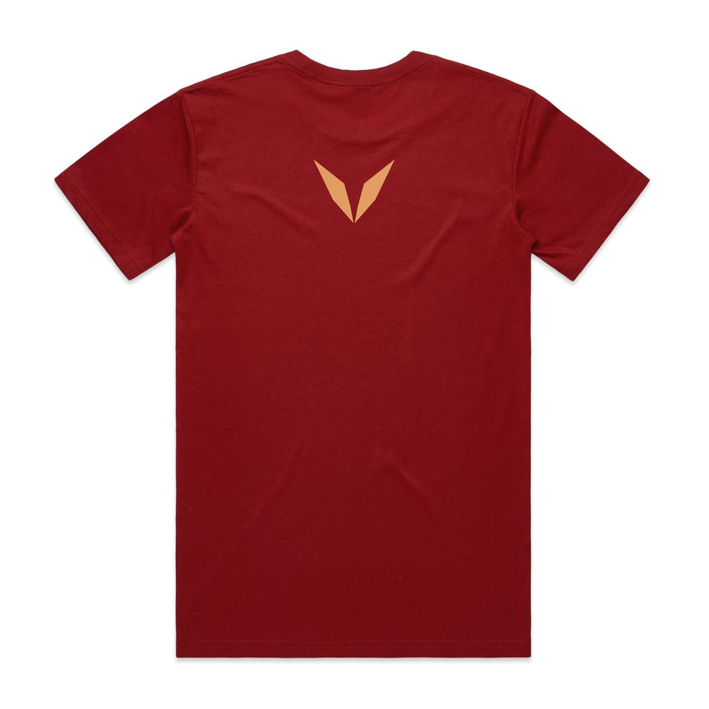 Back of the Cardinal Voltare Winged Hussar tee with a warm golden-orange Voltare V high on the back