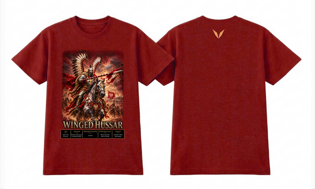 Front and back preview of the Cardinal Voltare Winged Hussar tee showing winged cavalry artwork and a warm golden-orange Voltare V