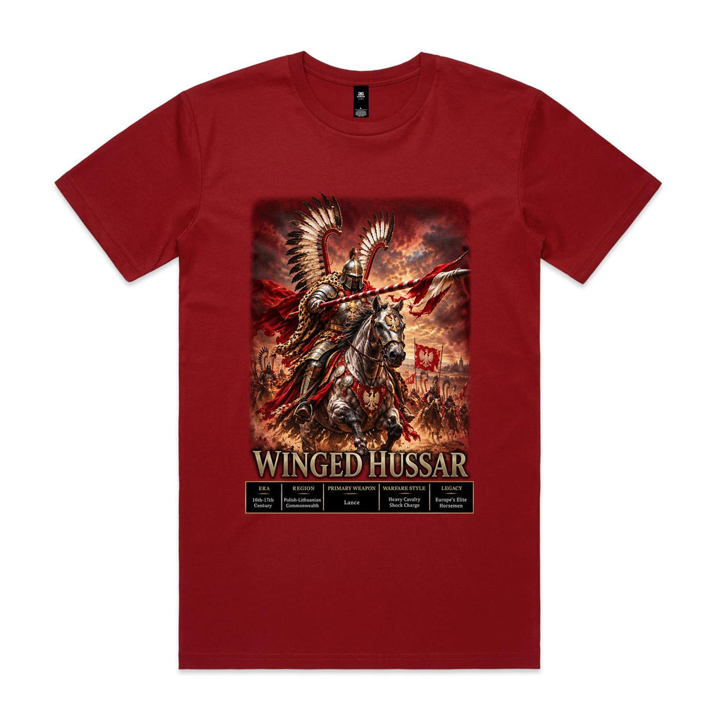 Cardinal Voltare Winged Hussar tee featuring a feathered cavalry rider with a lance, armoured horse, eagle banners and historical fact panels