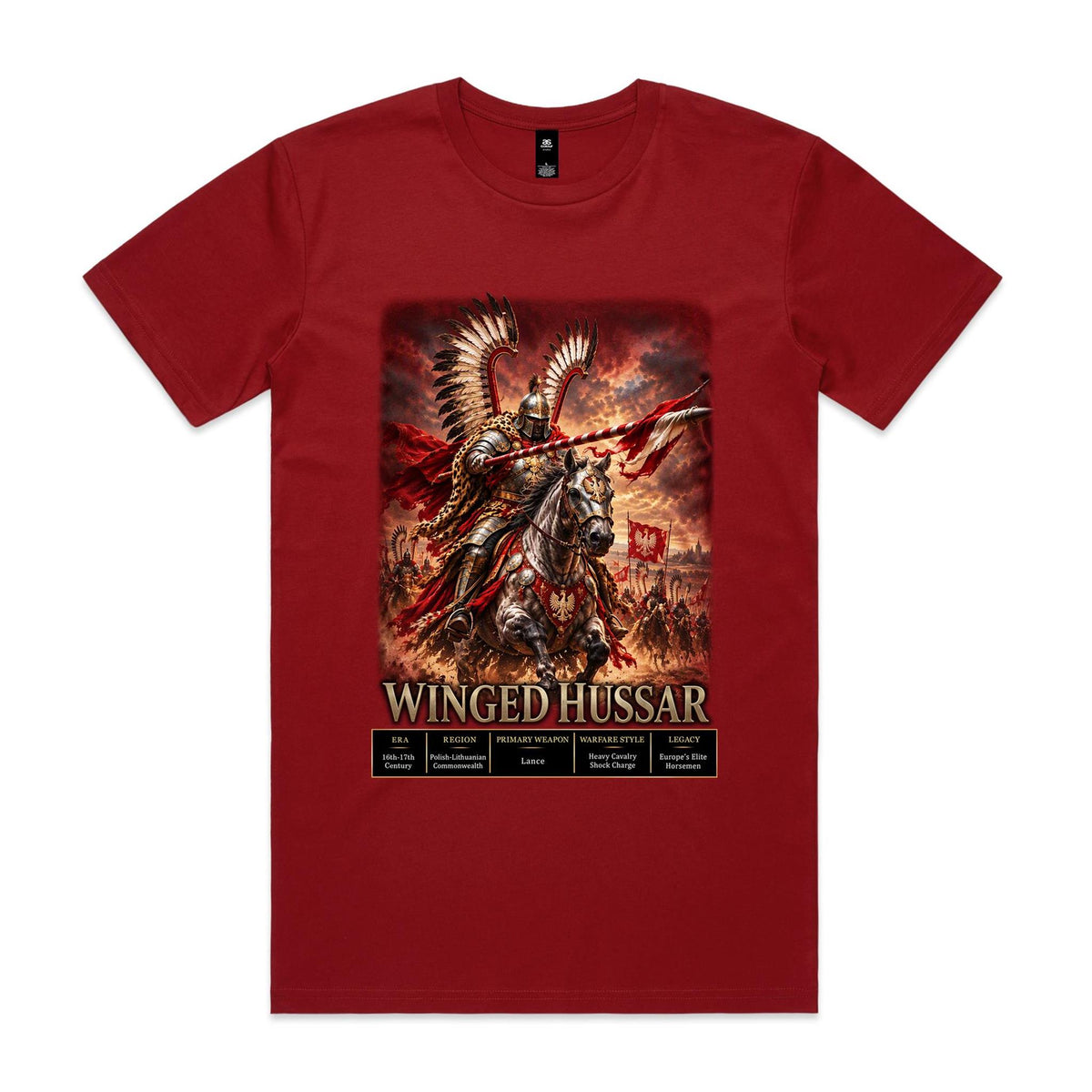 Cardinal Voltare Winged Hussar tee featuring a feathered cavalry rider with a lance, armoured horse, eagle banners and historical fact panels