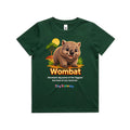 Front of Voltare Wombat Tiny Explorers kids tee in Forest Green with wombat artwork and burrowing fact