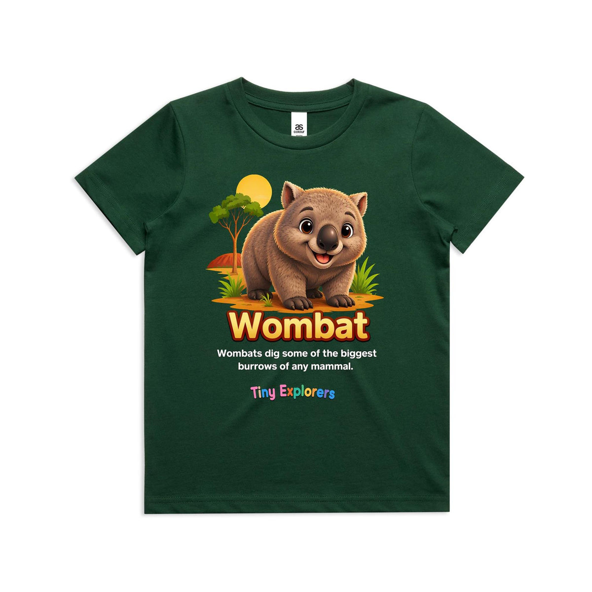 Front of Voltare Wombat Tiny Explorers kids tee in Forest Green with wombat artwork and burrowing fact