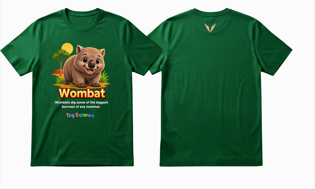 Front and back design preview of Voltare Wombat Tiny Explorers kids tee on a green shirt with wombat artwork and peach-coloured Voltare V logo