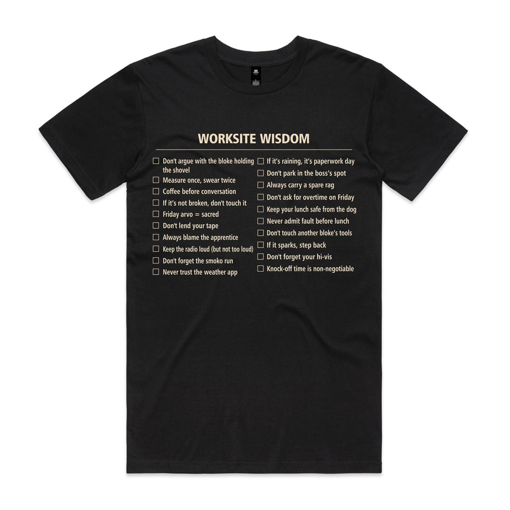 Funny Tradie Checklist Tee in Black | Voltare Worksite Wisdom