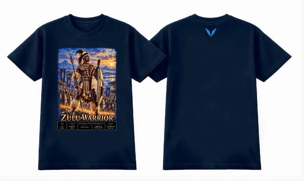Front and back preview of the Voltare Zulu Warrior tee with spear-and-shield artwork, sunset scenery and a bright-blue back V on a deep-navy garment