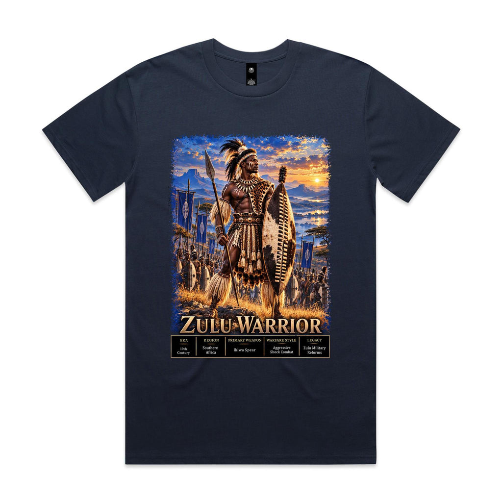 Midnight Blue Voltare Zulu Warrior tee featuring a warrior with a spear and patterned shield, blue banners, sunset scenery and historical fact panels